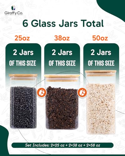GIRAFFYCO Glass Food Storage Jars with Airtight Lids Wide Mouth Pantry Containers, Thick BPA-Free Glass, Moisture & Insect Resistant, Customizable Labels Included 25 oz x 2|38 oz x 2|50 oz x 2 - size: Set of 6 - Mixed Sizes (25/38/50 oz)