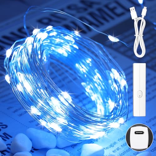 Lakumu 16FT(5M) Blue Fairy Lights, Rechargeable Battery Operated Mini LED String Lights with Timer, 8 Modes Waterproof Twinkle Lights for Bedroom Christmas Xmas Tree Wedding Centerpiece Table Decor - color: Blue, size: 16FT