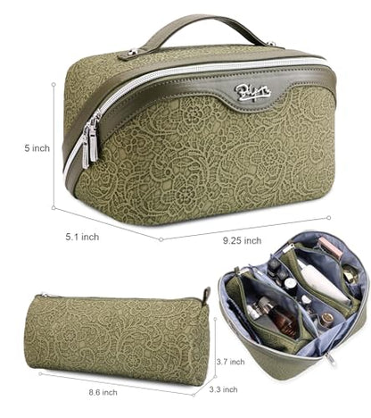 BOYATU Travel Makeup Bags Cosmetic Organizer Bag: 3 Pcs Set Large Capacity Make up Bag with Compartments - Waterproof Leather Toiletry Bags with Handle for Women (A-Green) - color: A-Green