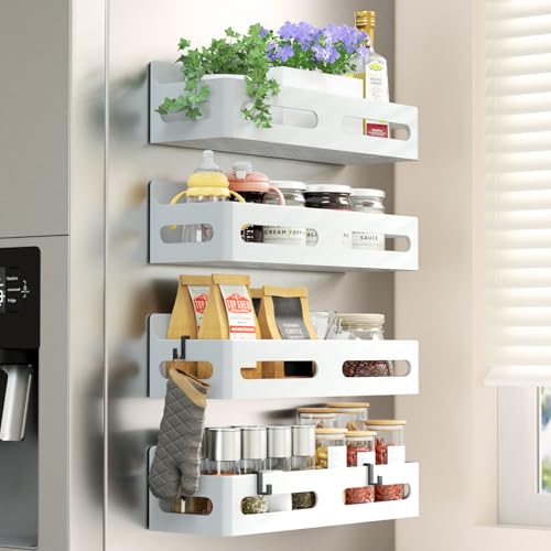 Sevenblue 4 Pack Strong Magnetic Spice Rack for Refrigerator, Multipurpose Magnetic Shelf for Fridge with 4 Hooks for kitchen and Bathroom Organization, White - color: White, size: 4 Pack