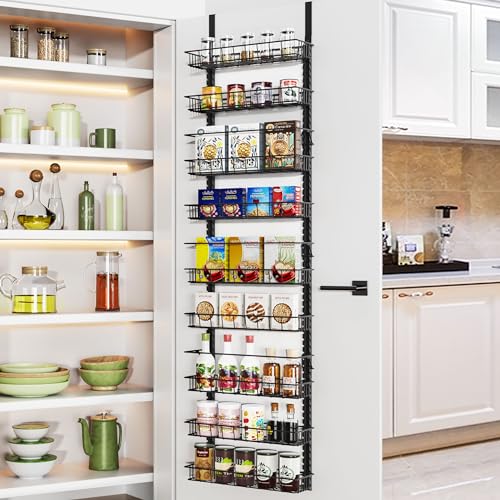 Churboro Over the Door Pantry Organizer Rack with 9 Adjustable Baskets, 9 Tiers Dual-use Hanging or Wall Mount Spice Rack Organizer, Black - color: Black, size: 9 Tiers