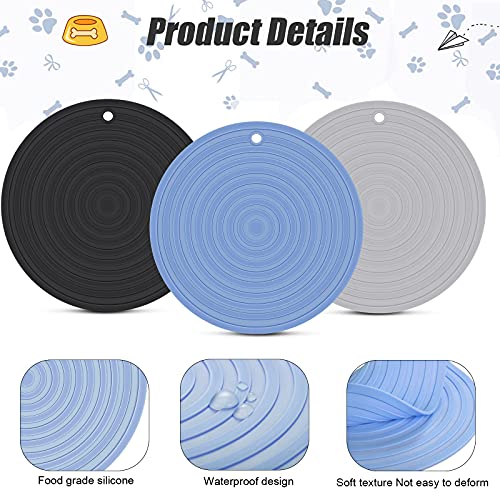 3 Pieces Silicone Pet Food Mat Feeding Mat for Dog and Cat Bowl Placemat Preventing Food and Water Overflow Suitable for Medium and Small Pet(7.1 Inch,Blue, Gray, Black)