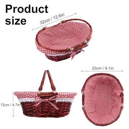 GNIEMCKIN 2 Pack 12.6 Inch Wicker Basket with Handle, Wicker Picnic Baskets with Red Checkered Liner, Oval Willow Woven Basket for Fruit, Wine, Wedding, Picnic(Brown Color) - size: 2 Pack 12.6 Inch Brown