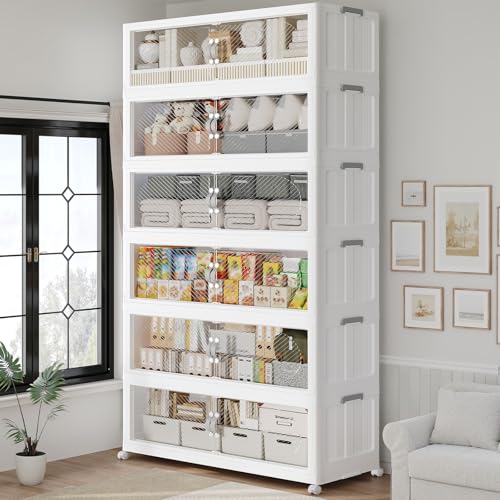 240GAL/960QT Plastic Storage Bins with Lids & Wheels, Collapsible Stackable Storage Boxes, Large Folding Cabinet Organizers for Closet Home Kitchen Office, 6Pack White - color: White, size: 40Gal-6Pack