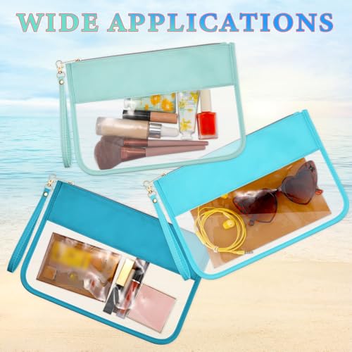 Sanwuta 3 Pcs Sunscreen Bag Clear Flat Zipper Pouch, Summer PVC Waterproof Zipper Makeup Bag Portable Organizer, Chenille Letter Snack Travel Cosmetic Tote Pouch Set for Beach Women Teacher Gift(Blue) - color: Blue