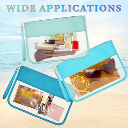 Sanwuta 3 Pcs Sunscreen Bag Clear Flat Zipper Pouch, Summer PVC Waterproof Zipper Makeup Bag Portable Organizer, Chenille Letter Snack Travel Cosmetic Tote Pouch Set for Beach Women Teacher Gift(Blue) - color: Blue