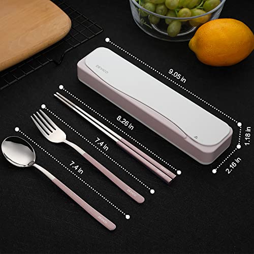 DEVICO Travel Utensils, 18/8 Stainless Steel 4pcs Cutlery Set Portable Camp Reusable Flatware Silverware, Include Fork Spoon Chopsticks with Case (Pink) - color: Pink