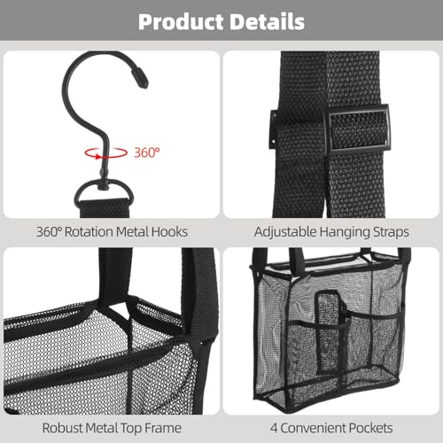 Joyibay Adjustable Hanging Mesh Shower Caddy, 4 Pockets, 2 Metal Hooks | Breathable hanging storage bag for shower, gym, RV, travel, and compact bathroom spaces; keeps bath items easy to reach
