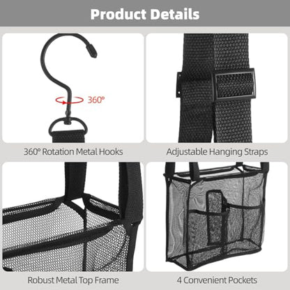 Joyibay Adjustable Hanging Mesh Shower Caddy, 4 Pockets, 2 Metal Hooks | Breathable hanging storage bag for shower, gym, RV, travel, and compact bathroom spaces; keeps bath items easy to reach