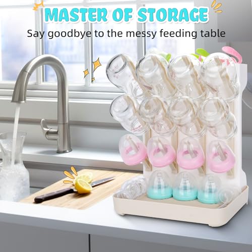 Baby Bottle Drying Rack: Space Saving Vertical Bottle Drying Holder with Brushes Holder - Large Bottle Storage Holder Organizer 12 Bottles & Baby Accessories,BPA-Free, Beige - color: Beige