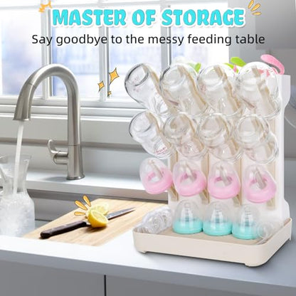 Baby Bottle Drying Rack: Space Saving Vertical Bottle Drying Holder with Brushes Holder - Large Bottle Storage Holder Organizer 12 Bottles & Baby Accessories,BPA-Free, Beige - color: Beige