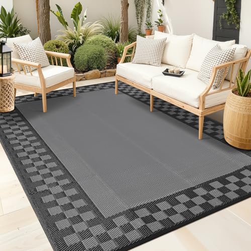 GarveeHome Outdoor Rug 10x14 Waterproof Reversible Camping Carpet Modern Checkered Plastic Straw Carpet Foldable Lightweight Bordered Outdoor Rugs for Deck, Picnic, Porch, Camper, Balcony, Beach, Grey - color: Checkered-charcoal Gray & Black, size: 10' x
