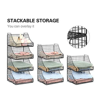 Lyuwanxian 4-Pack Stackable Wire Baskets for Closet Organizers and Storage, Open Storage Bins for Clothes, Toys, and Snacks - Rustic Metal Closet Organizer and Shelves in Black - size: Four-layer stacked basket