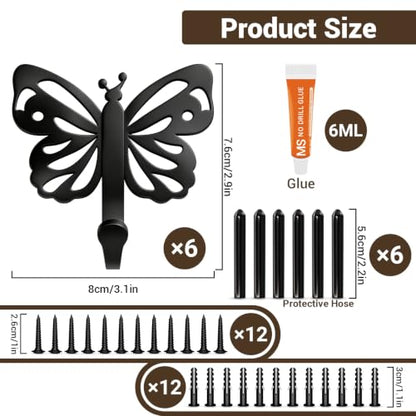 Butterfly Design Metal Hook for Both Screw Mounting and Strong Adhesive | Suitable for Living Room, Bathroom, Kitchen, Bedroom for Coat, Bag, Scarf, Towel, Hat, Key, Cup, Black 6 Set - style: 6B