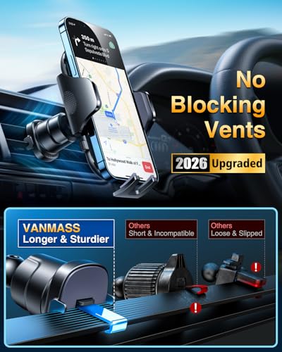 [True Military-Grade] Car Phone Holder VANMASS [Upgraded Strongest Suction&Clip] Cell Phone Mount for Dashboard Windshield Vent Kit, Truck Cradle Stand for iPhone 17 Pro Max 16 15 14 Android,Ink Black - color: Ink Black