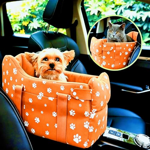 Center Console Dog Car Seat Safe Travel for Small Dogs Under 15 lbs Detachable Washable Pet Carrier with Storage Pockets & Safety Leash (Orange) - color: Orange