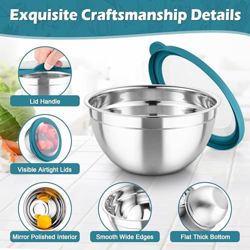 TeamFar Mixing Bowls, 3PCS Stainless Steel Serving Salad Bowls with Lids & 3 Graters, For Kitchen Mixing/Baking/Storing/Prepping, Visible & Airtight, Easy Clean - 4.5/3 / 1.5 QT, Dark Blue - color: Dark Blue, style: Transparent Airtight Lids