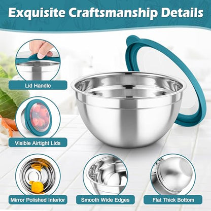 TeamFar Mixing Bowls, 3PCS Stainless Steel Serving Salad Bowls with Lids & 3 Graters, For Kitchen Mixing/Baking/Storing/Prepping, Visible & Airtight, Easy Clean - 4.5/3 / 1.5 QT, Dark Blue - color: Dark Blue, style: Transparent Airtight Lids