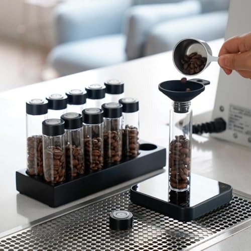 watchget Coffee Bean Container 12PCS Coffee Bean Cellars Tubes Single Dose Coffee Beans Storage with One-Way Exhaust Valve & Black Stand & Silicone Funnel- Organized Storage Solution - color: Black ABS Lid 12PCS