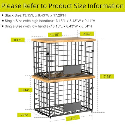 keomaisyto 2 Set XL Stackable Wire Baskets with Bamboo Top- Pantry Organizers and Storage, Kitchen Organization Counter Storage Bins for Potato/Onion/Fruit/Vegetable/Produce, Under Sink Organizing - size: XL-17.28x13.15x8.43