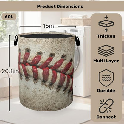 Baseball Laundry Basket with Handles - Extra Large Foldable Hamper for Bathroom/Laundry/Bedroom/Dorm, Washable Fabric Storage Bin - color: Retro Baseball