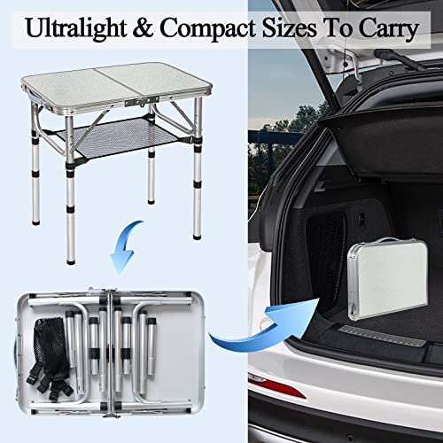 Small Folding Table with Storage Net, 24" x 16" Portable Foldable Camping Table with 3 Adjustable Height, White Metal Table for Beach, Patio, BBQ - size: S[24"*16"*24"]