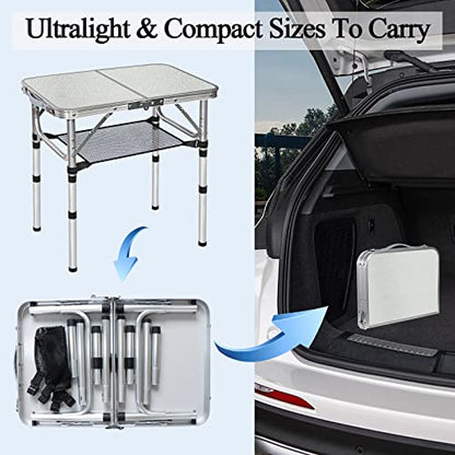 Small Folding Table with Storage Net, 24" x 16" Portable Foldable Camping Table with 3 Adjustable Height, White Metal Table for Beach, Patio, BBQ - size: S[24"*16"*24"]