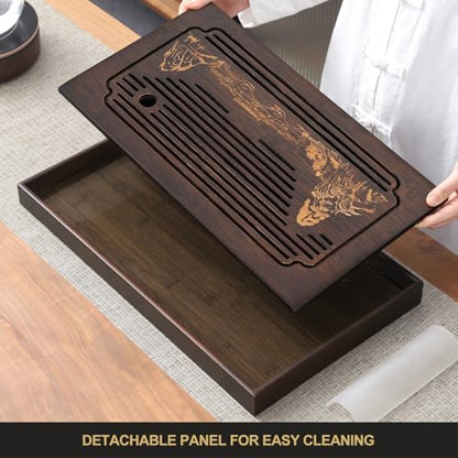 Jotsport 15 Inch Bamboo Kung Fu Tea Tray with Water Storage Drainage for Gongfu Tea Set Chinese Tea Ceremony Serving Table Set