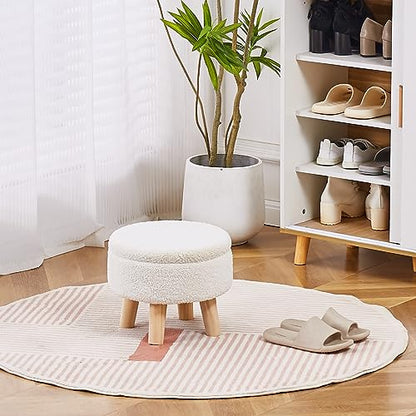 Wimarsbon Storage Ottoman, Modern Round Footrest with Soft Padded Seat, Teddy Velvet Footstool with Wood Legs, Accent Small Table or Plant Stand for Hallway, Living Room (Cream) - color: Cream