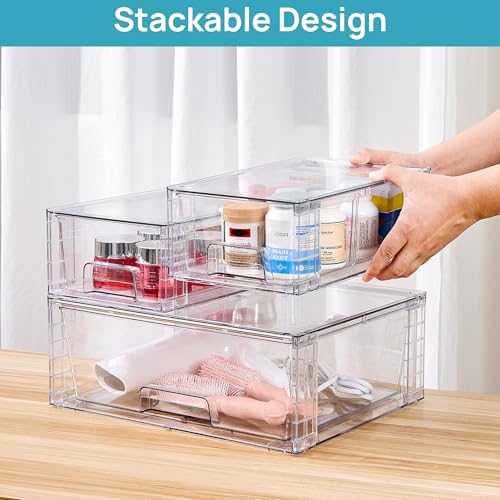 Vtopmart 3 Pack Stackable Storage Drawers, Easily Assemble Acrylic Bathroom Undersink Organizers,Clear Plastic Storage Bins for Closet,Cabinet,Pantry,Medicine Organization - style: 1 Wide+2 Small