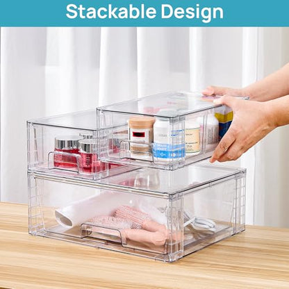 Vtopmart Clear Stackable Storage Drawers Set of 6, Easily Assemble Acrylic Bathroom Undersink Organizers,Plastic Storage Bins for Closet,Cabinet,Pantry,Medicine Organization - style: 4 Small+2 Wide