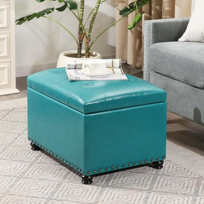 Ottoman with Storage,24" Leater Ottoman Foot Rest with Hinged Lid Small Rectangle Upholstered Tufted Foot Stools Ottomans for Bedroom Living Room Entryway,Teal Blue - color: Teal Blue