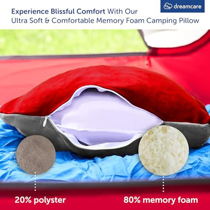 DREAMCARE Camping Pillow, Memory Foam Travel Pillow, Camping Accessories - Small Pillow Camping Essentials Camping Pillows for Sleeping, Backpacking Pillow, Travel Pillows for Sleeping (Small,Red)