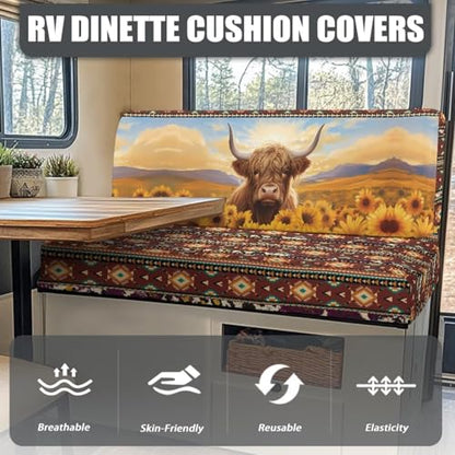 NDISTIN Aztec Highland Cow Sunflower 2Pcs Camper Couch Cushion Covers Dinette Rv Seat Covers Dinette Booth Cushions Comfortable Stretch Sofa Furniture Protector for Travel Trailer Couch - color: Aztec Highland Cow Sunflower