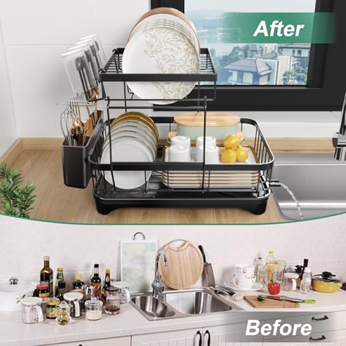 Dish Drying Rack, 2-Tier Large Dish Drying Rack for Kitchen Counter – Space Saving Dish Drainer Organizer with Utensil Holder and Cutlery Tray, Black - color: 2-tier - Black