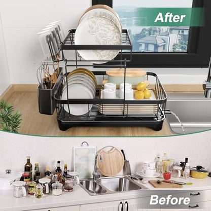 Dish Drying Rack, 2-Tier Large Dish Drying Rack for Kitchen Counter – Space Saving Dish Drainer Organizer with Utensil Holder and Cutlery Tray, Black - color: 2-tier - Black
