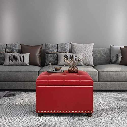 24'' Leather Storage Ottoman Rectangular Foot Rest Stool with Nailhead Trim for Bedroom Living Room(Red) - color: Red