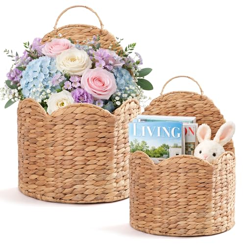 2Pcs Water Hyacinth Scalloped Hanging Basket – Wall & Door Organizer with Loop Handle, Front-Entry Mail/Floral Holder, Boho Farmhouse Wicker Wall Décor, Handwoven in Vietnam, Natural Woven Storage Bin