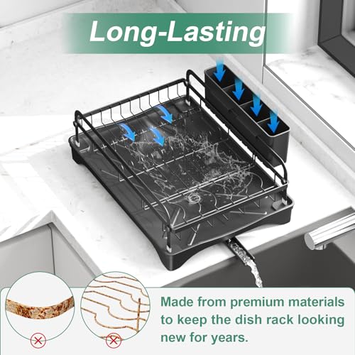 Dish Drying Rack for Kitchen Counter, Large Dish Drying Rack with Utensil Holder & Cutlery Tray, Dish Drainer with Drainboard, Black - color: 1 Tier - Black