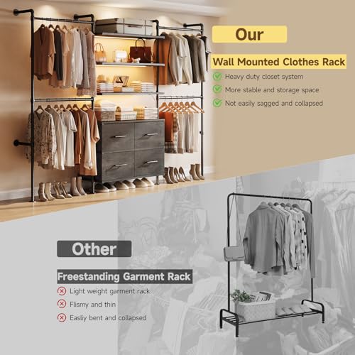 T3 Closet System with Stepless Dimmable LED Light, Industrial Pipe Clothing Rack with 4 Drawers, 6 Wooden Shelves & 4 Telescopic Rods, Heavy Duty Closet Organizers in Wardrobe Closet (Black Gray Oak) - color: Black Gray Oak