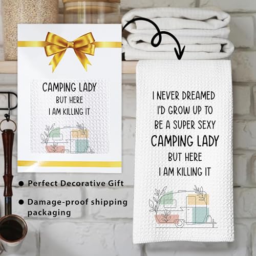 Camping Kitchen Towels 16x24 Waffle Weave, I Never Dreamed I’d Grow Up to Be a Super Sexy Camping Lady Dish Towels, Camp RV Gifts for Women, Gifts for Campers -A02 - color: Camping_02