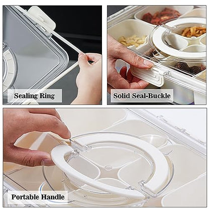 Divided Snackle Box with Handle Food Serving Tray Charcuterie Board with Lid Stackable Fruit&Veggie Container with 8 Small with Removable Boxes for Travel Snack Candy Nuts Spice - size: 1Pack with 8 dividers