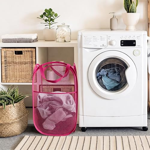 Larpur Popup Laundry Basket, Collapsible Portable Mesh Clothes Washing Laundry Hamper with Reinforced Carry Handles (Pink) - color: Pink