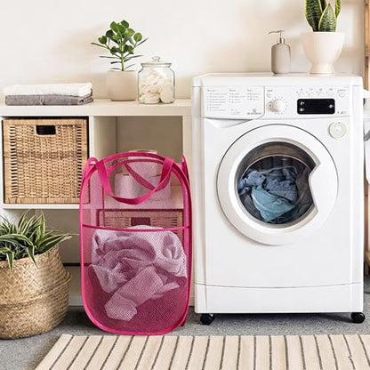 Larpur Popup Laundry Basket, Collapsible Portable Mesh Clothes Washing Laundry Hamper with Reinforced Carry Handles (Pink) - color: Pink