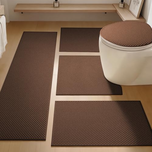 YIHOUSE Bathroom Rugs Sets 5 Piece Non Slip Washable, Absorbent Quick Dry Bath Mat Set with Toilet Mat, Weave Texture Low Profile Bath Rugs, Floor Mats for Bathroom, Tub & Shower, Brown - color: Brown, size: 5 Pieces