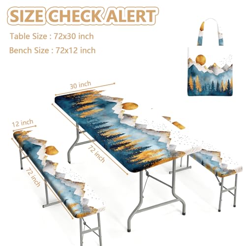 Picnic Table Cover with Bench Covers Elastic Edges, Outdoor Patio Camping Essentials 72 Inch 3PCS, Waterproof Camping Fitted Tablecloth with Handbags (Boho mountain) - color: Mountain View, size: 72" x 30" (Rectangular)