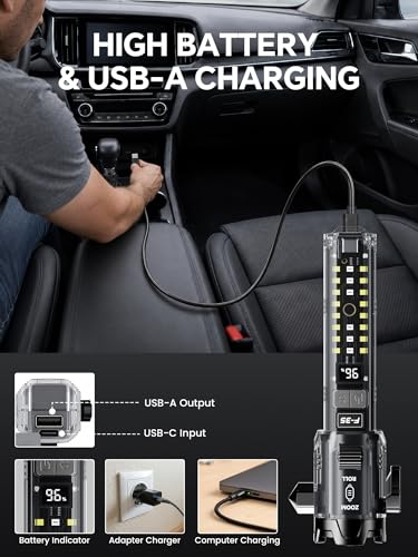 Yemao Car Emergency Flashlight with Seatbelt Cutter & Window Breaker, Tactical EDC Light with Alarm, Focusable Main Beam, Side Work Light, Red Blue Strobe Warning Light for Vehicle Self-Rescue