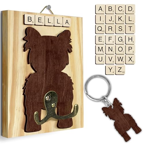Yorkshire Terrier Dog Leash Holder Wall Mount with Scrabble Letters, Wooden Dog Wall Hook Organizer, Pet Collar & Harness Holder Entryway, Key Hook Leash Rack, Gift for Pet Lovers, Home Decor PF297-73 - color: Yorkshire Terrier, size: 7.8″ x 5.5"