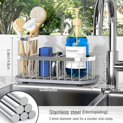 Sponge Holder for Kitchen Sink with High Brush Holder, [Stay-Dry Anywhere & No Drainage Needed] Rustproof Stainless Steel Kitchen Sink Caddy Organizer with Water Absorbing Stone Tray, Silver - color: Silver
