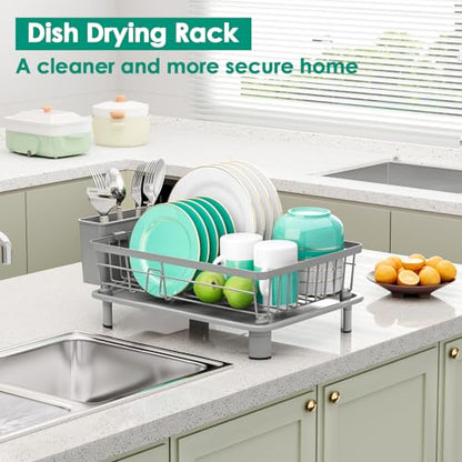 GAOKASE Dish Drying Rack, Stainless Steel-Dish Rack, Dish Racks for Kitchen Counter, Kitchen Dish Drainers with Removable Utensil Holder,New Drain Outlet,Plate Rack and Drainboard,(gray-11 W x 15" L) - color: Gray